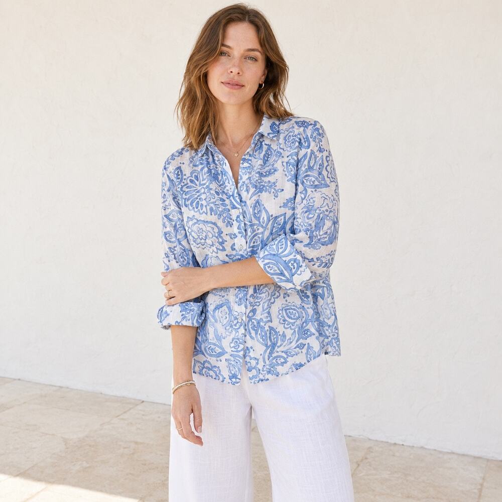 iLinen Lifestyle Blue White Floral Linen Shirt Small Coastal Resort Botanical